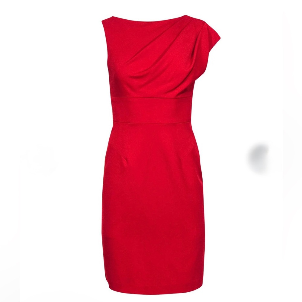 Red Black Halo Gathered Shoulder Sleeveless Fitted Mini Sheath Dress Excellent